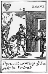 Tyrconnel bewaffnet die Papisten in Irland, antikatholische Spielkarte zur Erinnerung an die Glorreiche Revolution von 1688